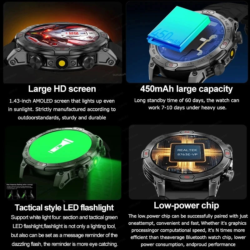 relógio inteligente militar para uso externo com GPS para homens com tela AMOLED HD Pressão arterial com frequência cardíaca Bluetooth Chamada à prova d'água Smartwatches