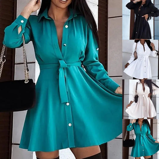 Elegant Vestido branco com minicamisa Mulher Outono Manga longa Escritório Vestidos femininos Cinto Casual Preto Botão Rendado A-line Robe Femme