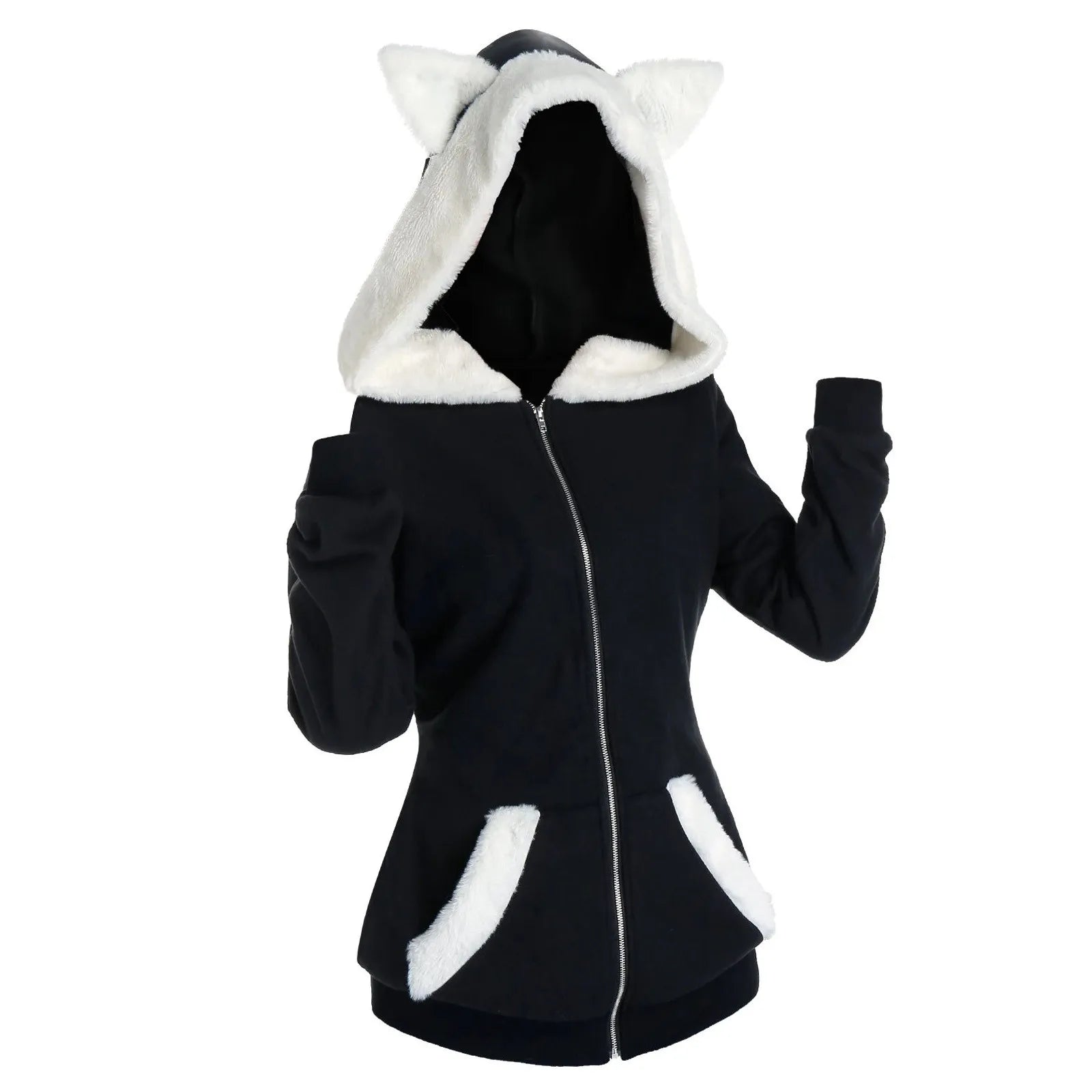 Moletom casual com zíper e bolsos, orelha de gato fofa