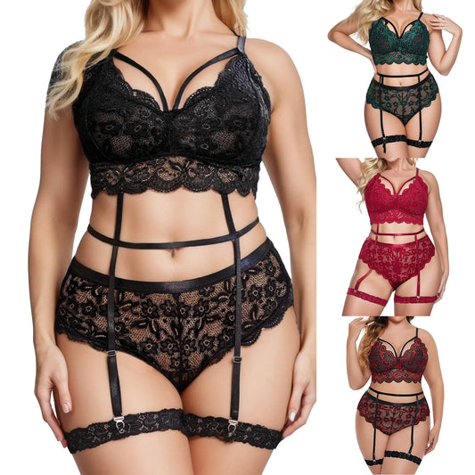 Conjunto de calcinhas femininas Plus Size Floral Lace Scallop Trim Garter Bra Sexy Hot Lingeries Outfit Fancy Night Transparent Underwear Ropa